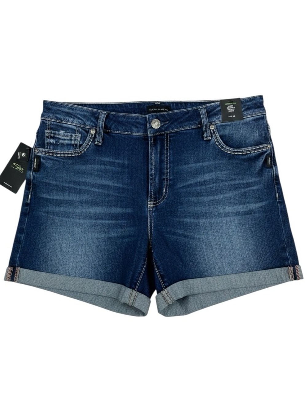 Silver Jeans Elyse Curvy Boyfriend Mid Rise Stretch Denim Shorts Cuffed W36